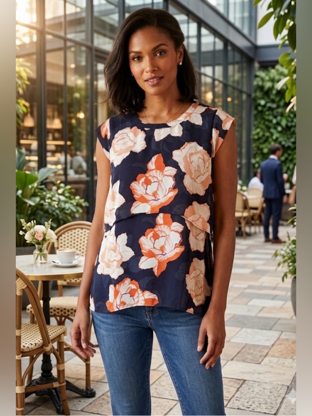 CAbi Blossom Floral Tiered Blouse (Style #5030) Orange, Peach, Navy - sz Small